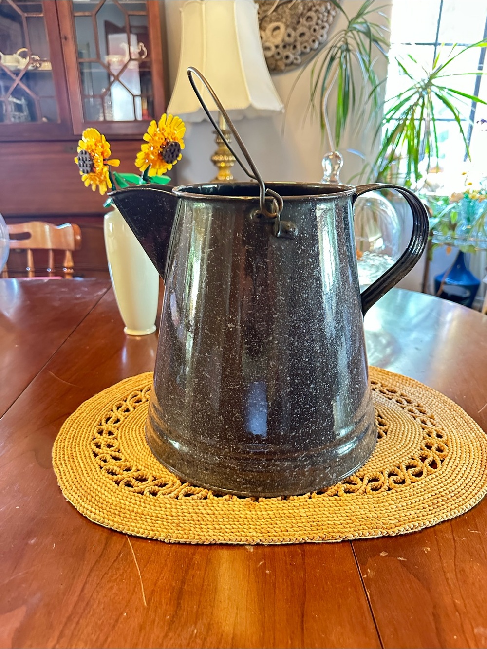 Vintage Black White Speckled Enamelware Coffee Pot Graniteware